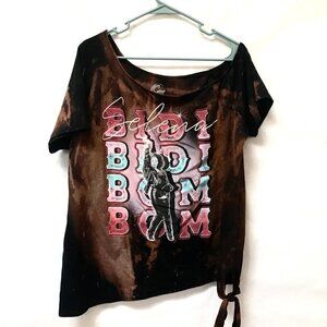 Selena Size 1x  BlackTee Shirt Bleached Crop Short Sleeve Cropped Tie Up